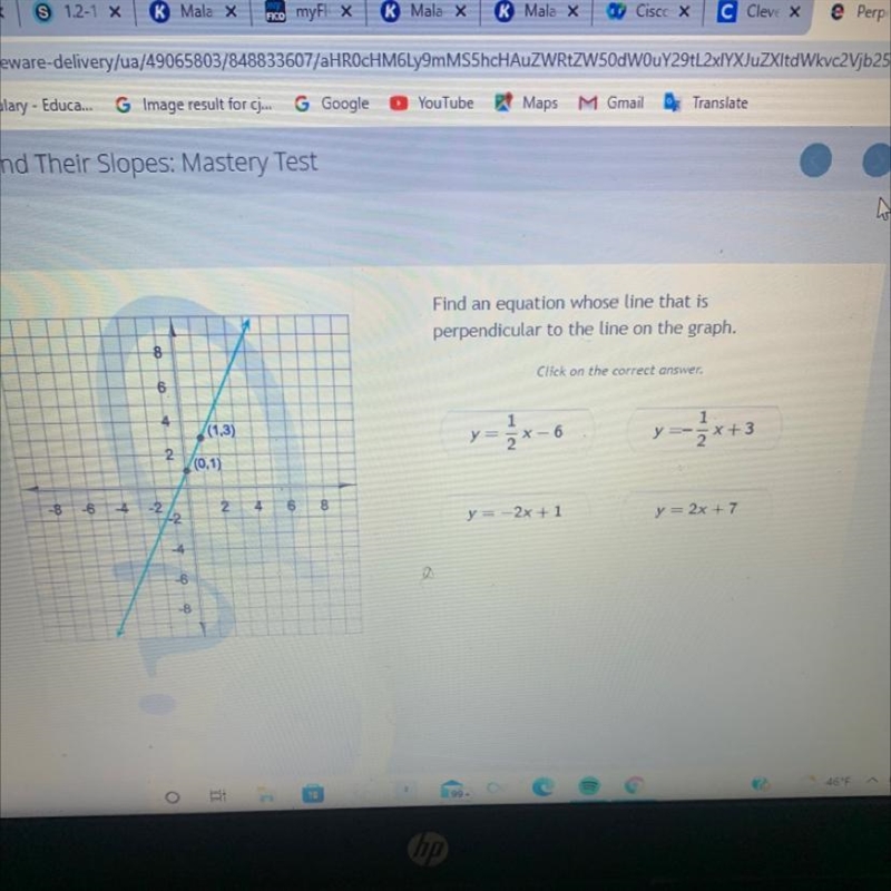 Find an equation whose line that isperpendicular to the line on the graph.-example-1