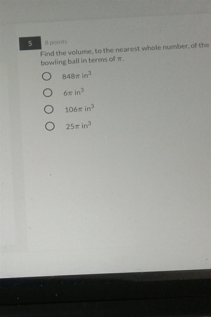 Find the volume ,to the nearest whole number,of the bowling ball in terms of π.The-example-1