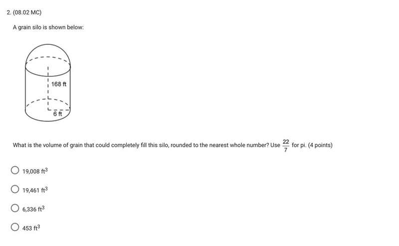 A grain silo is shown below:168 ft6 ftWhat is the volume of grain that could completely-example-1