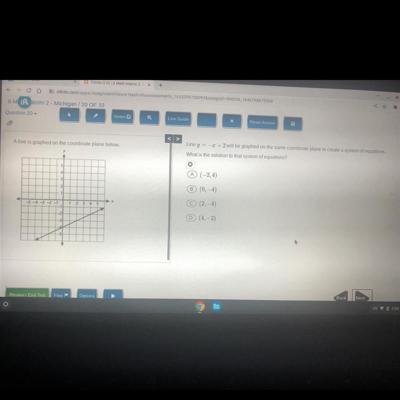 A line is graphed on the coordinate plane below.Line y = -2 +2 will be graphed on-example-1