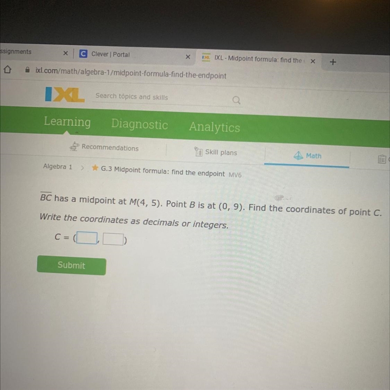 LearningDiagnosticAnalyticsRecommendationsSkill plansMatGA StandardsAlgebraG.3 Midpoint-example-1