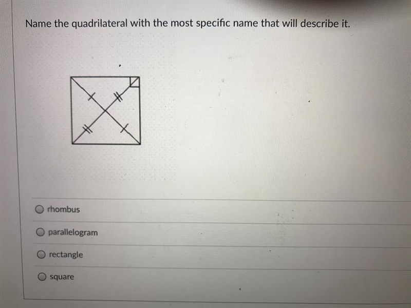 Name the quadrilateral with the most specific name that will describe it.rhombusparallelogramrectangleO-example-1