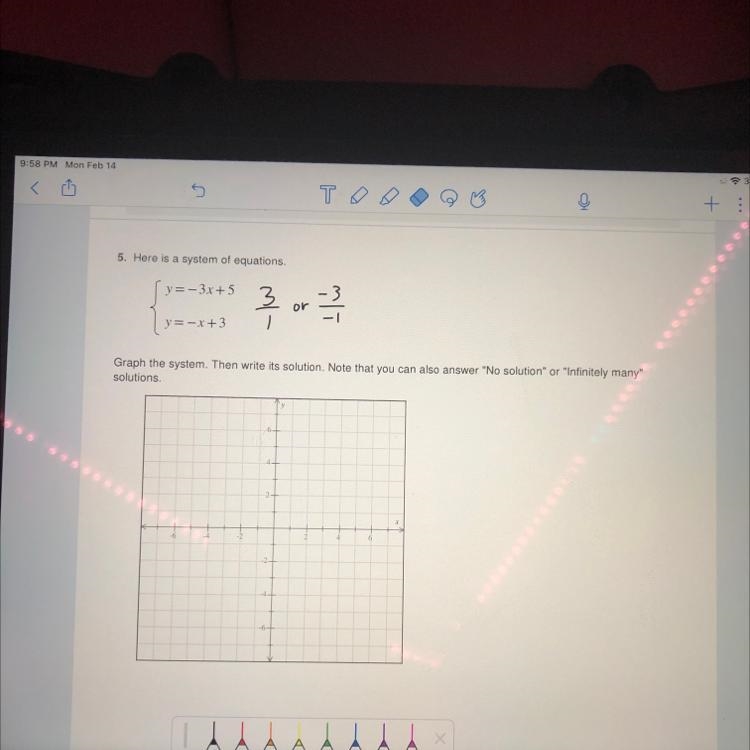 Here is a system of equations. y=-3x+5 y=-x+3 Graph the system. Then write its solution-example-1