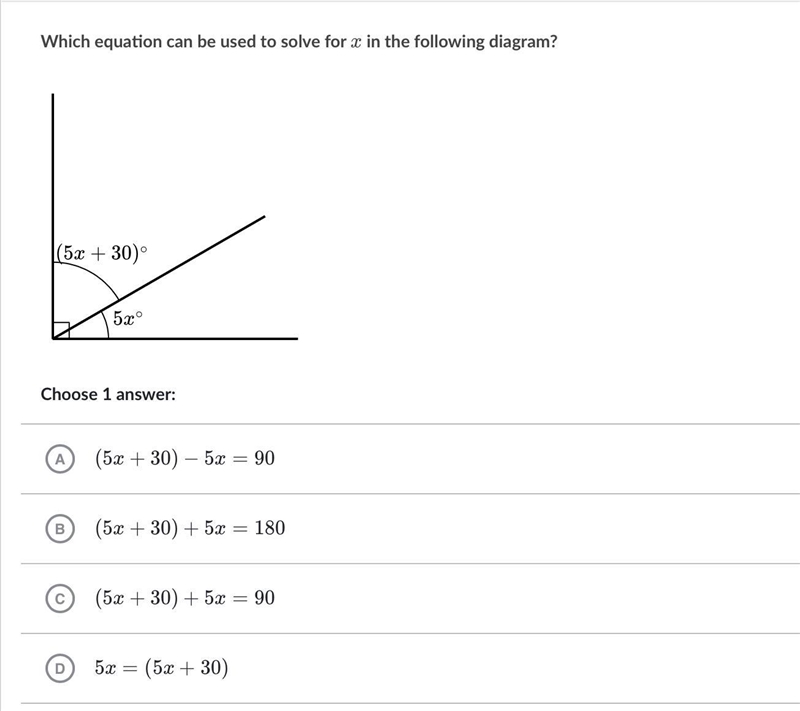 Which equation can be used to solve for x xx in the following diagram? Choose 1 answer-example-1