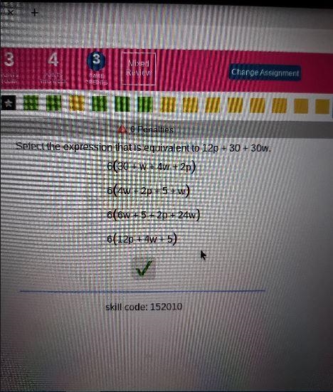 Write the expression that is equivalent to 12p + 30 + 30w-example-1