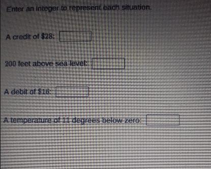 Enter an integer to represent each situation.A credit of $28:____200 feet above sea-example-1