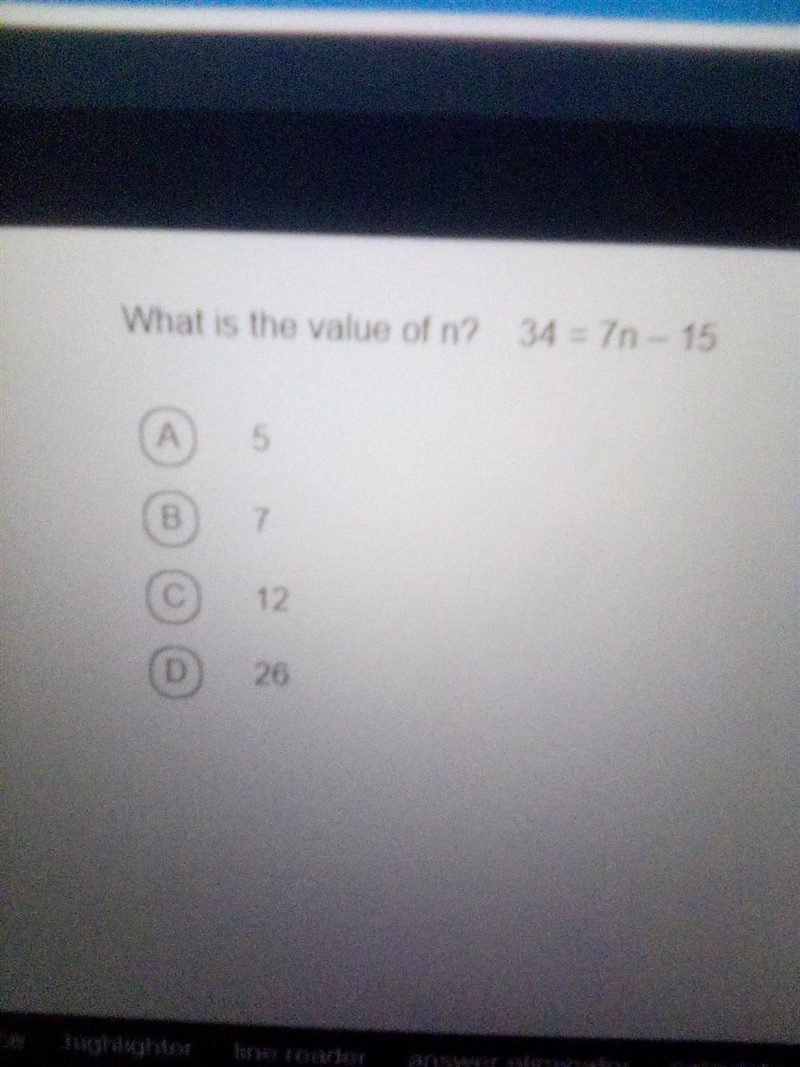 What is the value of n? 34 = 7n - 15-example-1