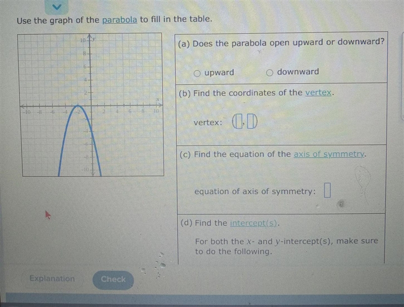 Use the graph of the parabola to fill in the table-example-1