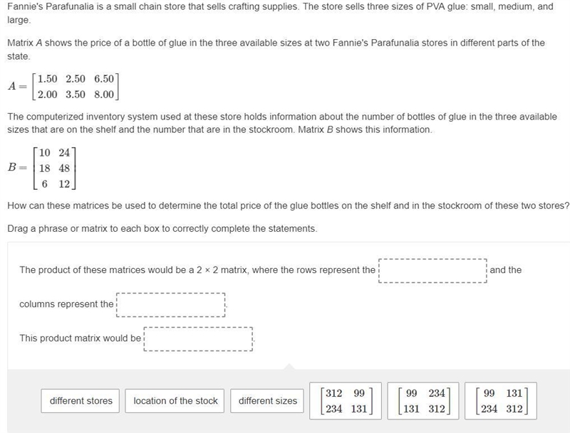 How can these matrices be used to determine the total price of the glue bottles on-example-1