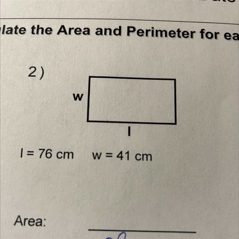 Identify and calculate the area and perimeter for each quadrilateral I=76cm w=41cm-example-1