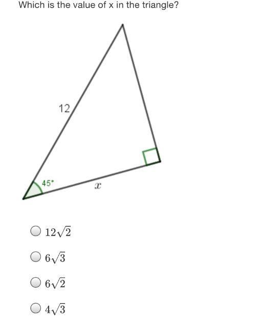 Which is the value of x in the triangle?1245°2O 12V2O6V3O 62O 43-example-1