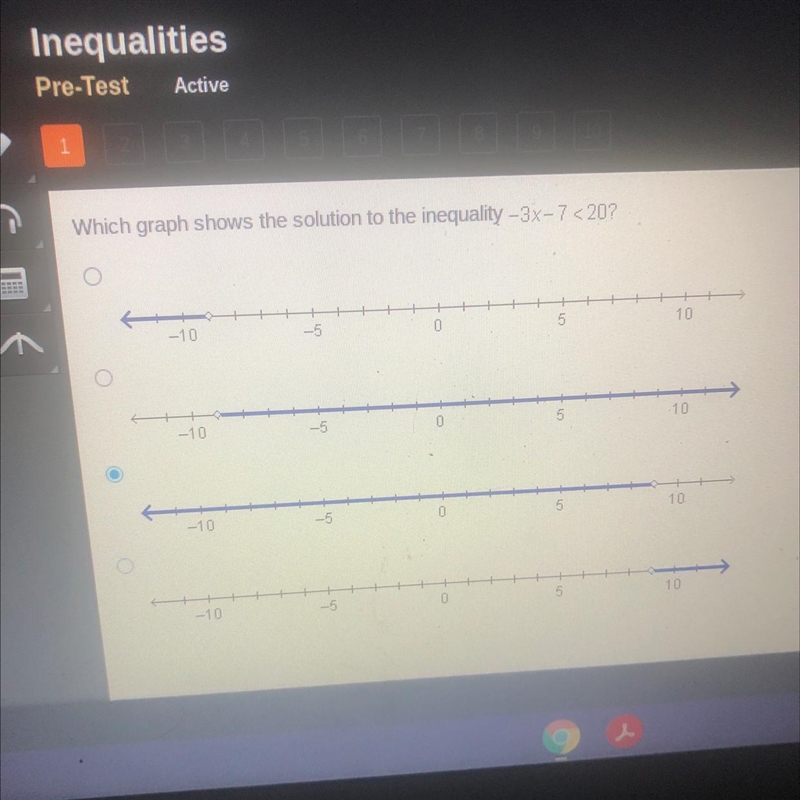 52:10 Which graph shows the solution to the inequality -3x-7 <20? -10 -5 10 -10 10 -10 10 -10 0 10-example-1