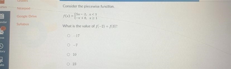 What is the value of f(-2) + f(3)?0-170 – 7O 10O 23-example-1