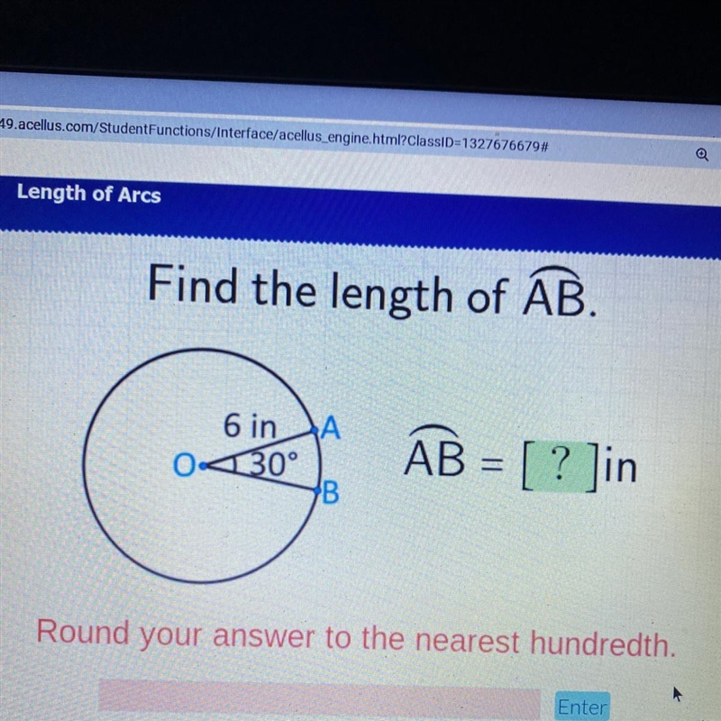 Find the length of AB.6 in A30°BAB = [ ?Round your answer to the nearest hundredth-example-1