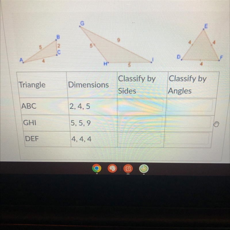 Triangle ABC GHI DEF S NU H" Dimensions 2, 4, 5 5,5,9 4,4,4 Classify by Sides-example-1