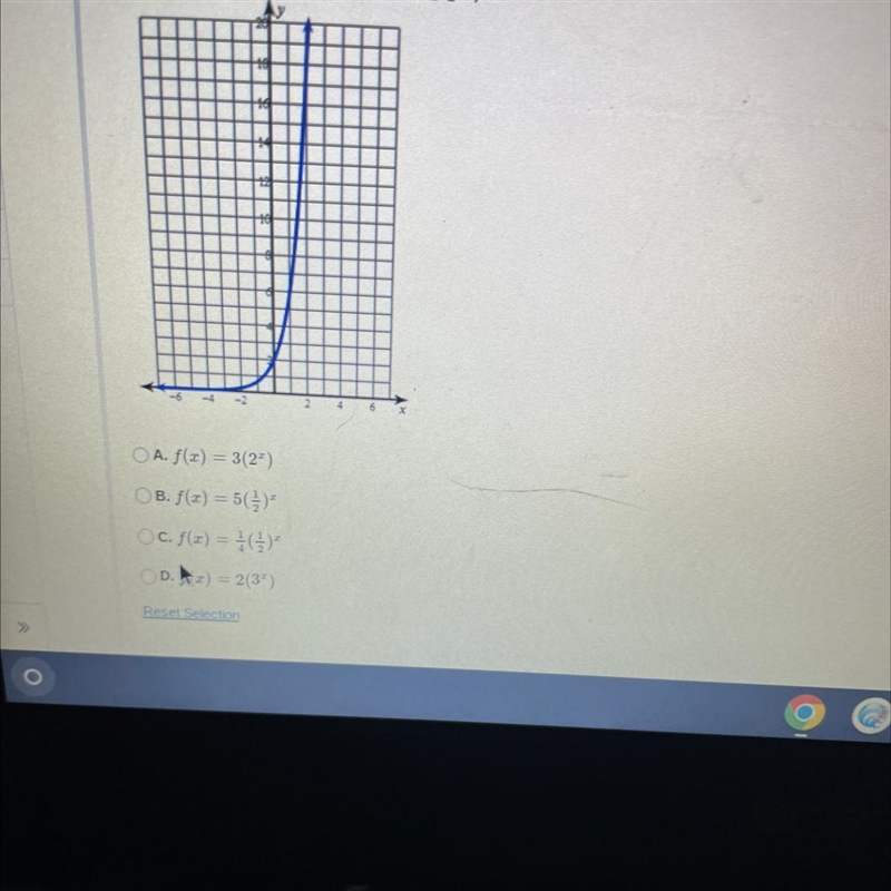 What is the equation of the following graph?A. f(x) = 3(2³)OB. f(x) = 5()*Oc. f(x-example-1