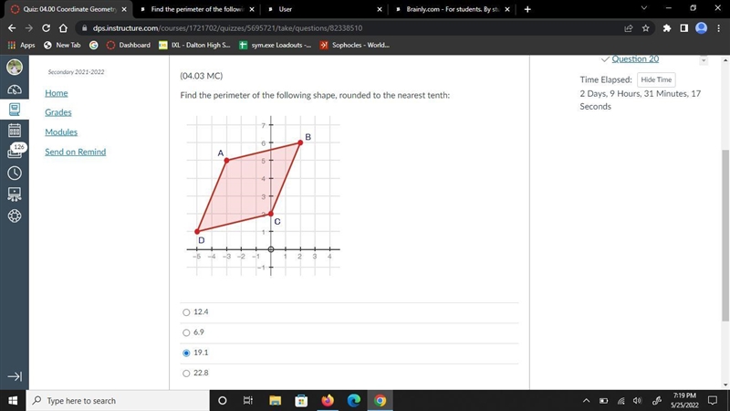 Find the perimeter of the following shape, rounded to the nearest tenth:Options -12.46.919.122.8-example-1