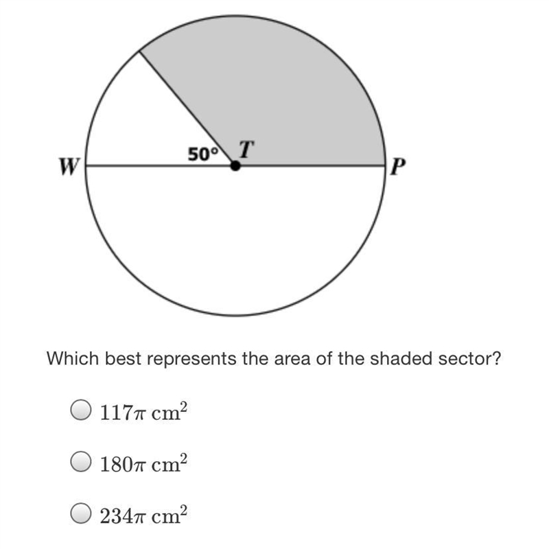 In circle T, WP = 36 centimeters.500 TWPWhich best represents the area of the shaded-example-1