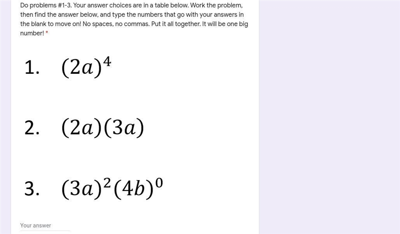 Do problems #1-3. Your answer choices are in a table below. Work the problem, then-example-1