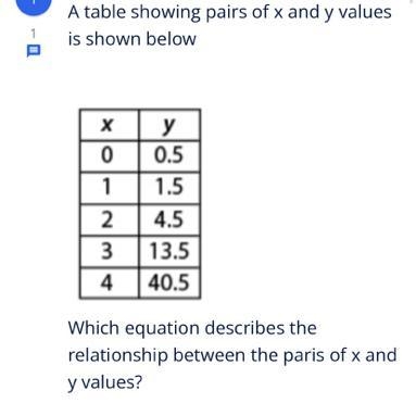 Which equation describes the relationship between the paris of x and y values? y=0.5 ⋅3xy-example-1