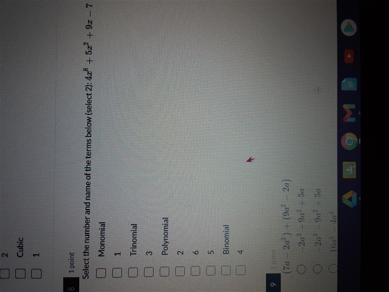 Select a number and name of the terms of :4x^8+5x^2+9x-7-example-1