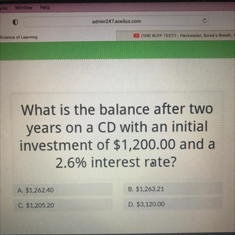 What is the balance after twoyears on a CD with an initialinvestment of $1,200.00 and-example-1