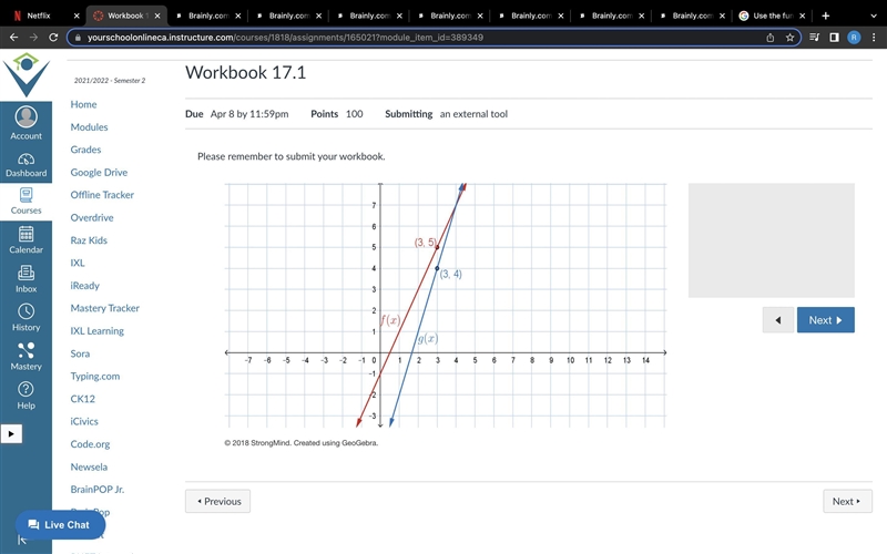 QuestionUse the equations and the graph to solve the problem. f(x)=2x−1g(x)=3x−5 Graph-example-2