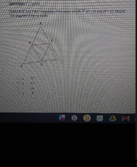 Points B, D, and Fare midpoints of the sides of ACE. EC = 30 and DF = 17. Find AC-example-1