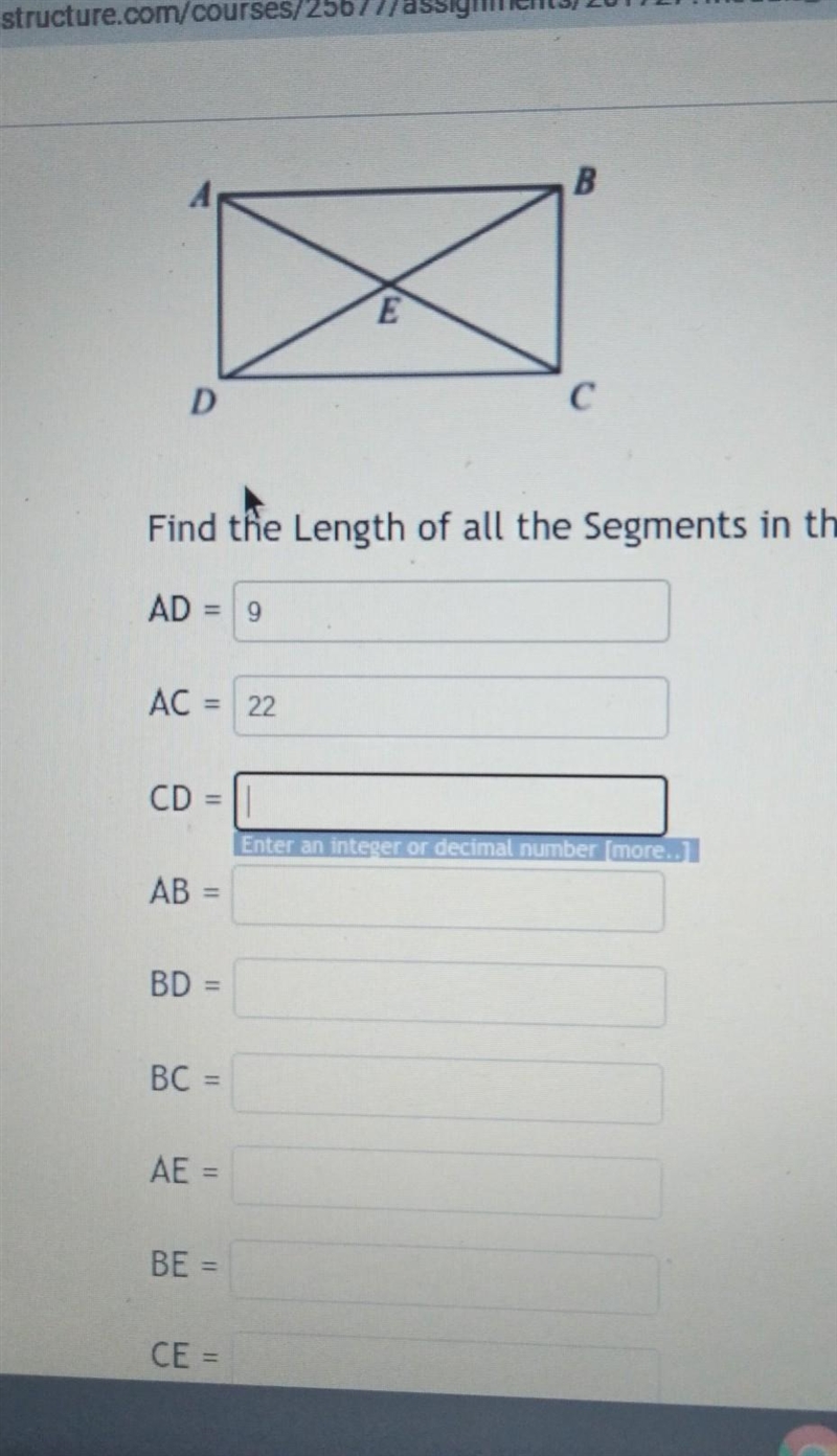 If ABCD is a rectangle, AD = 9, AC = 22, B Ж X D Find the Length of all the Segments-example-1