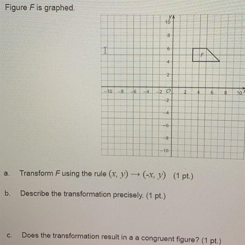 A. Transform F using the rule (x, y) → (-x, y) (1 pt.) B. Describe the transformation-example-1