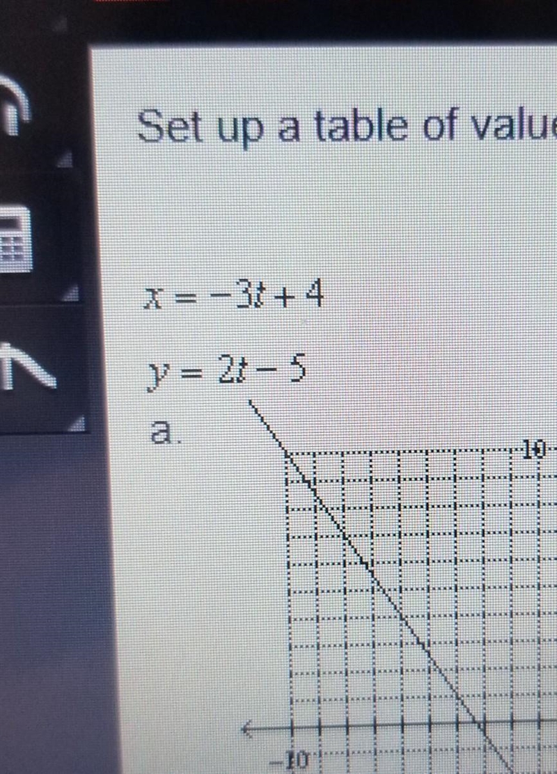 Set up a table of values and then graph the line form its parametric form-example-1