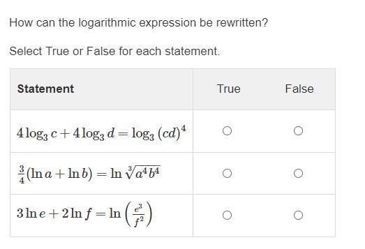 How can the logarithmic expression be rewritten? Select True or False for each statement-example-1