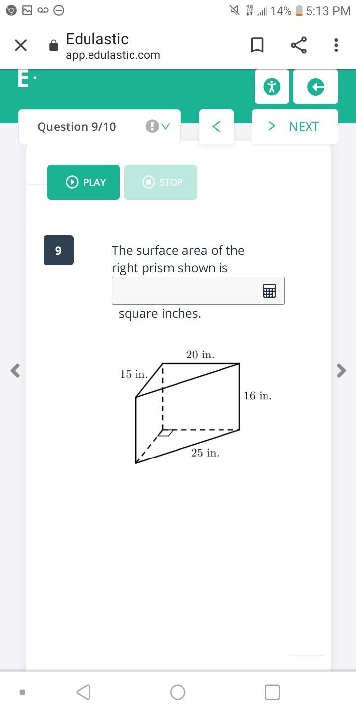 The surface area of the right prism shown is ________ square inches .-example-1