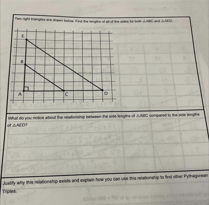 1.Two right triangles are drawn below find the lengths of all the sides for both ABC-example-1