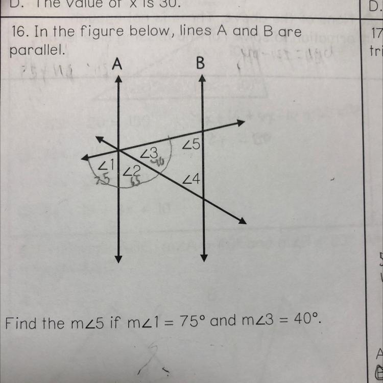 D 1 C. The measu D. The value of x is 30. 16. In the figure below, lines A and B are-example-1