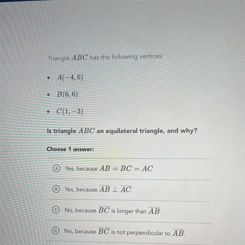 Triangle ABC has the following vertices:A(-4,6)B(6,6)C(1,-3)Is triangle ABC an equilateral-example-1