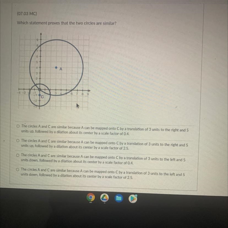 Which statement proves that the two circles are similar?The circles A and C are similar-example-1