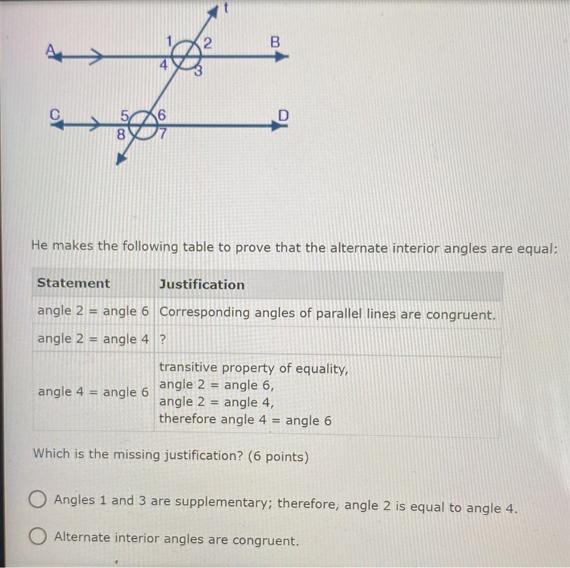 Jazz draws a transversal, t, on two parallel lines AB and CD, as shown below: He makes-example-1