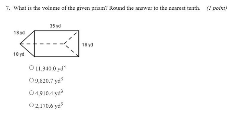 What is the volume of the given prism? Round the answer to the nearest tenth.-example-1