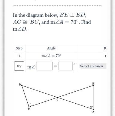 In the diagram below, overline BE perp overline ED , overline AC cong overline BC-example-1