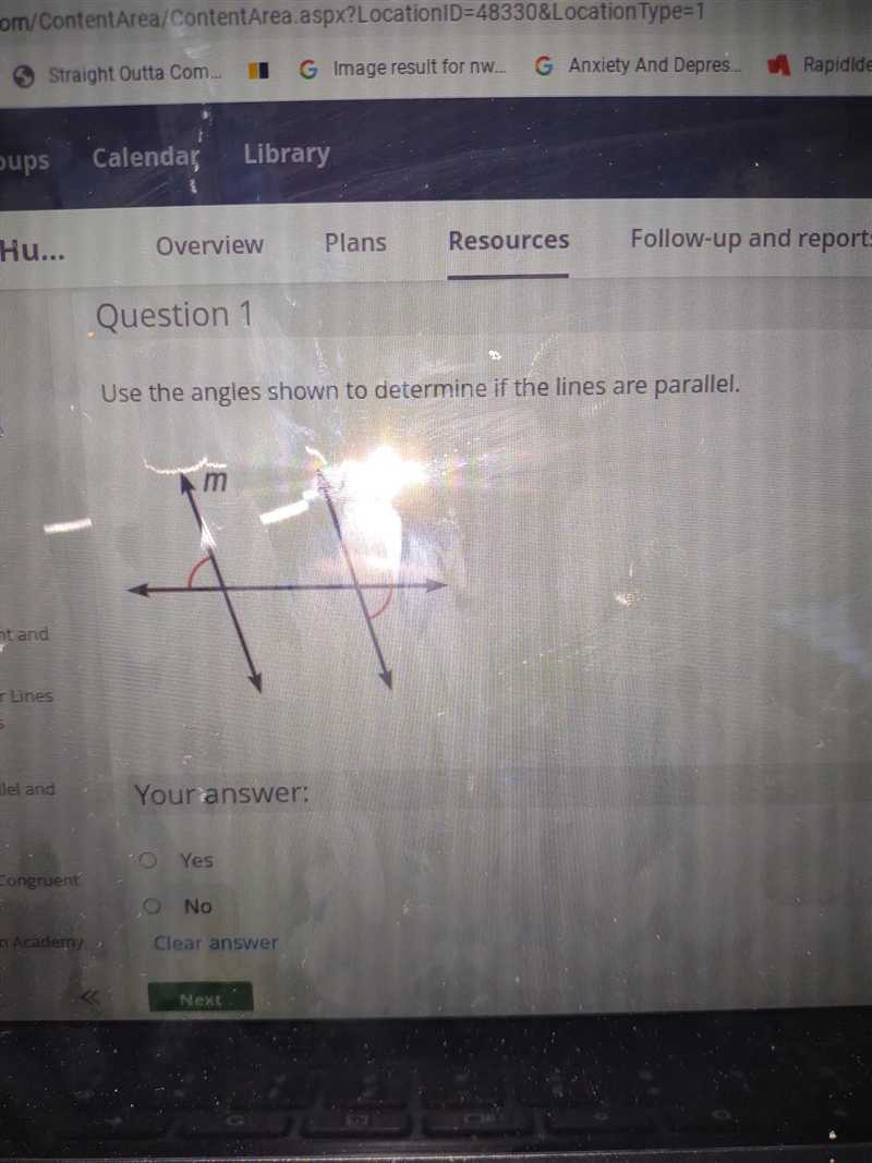 Use the angles show to determine if the line are paraller-example-1