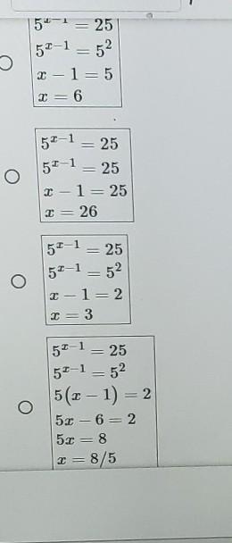 Which of the following shows the correct work and solution to the exponential equation-example-1