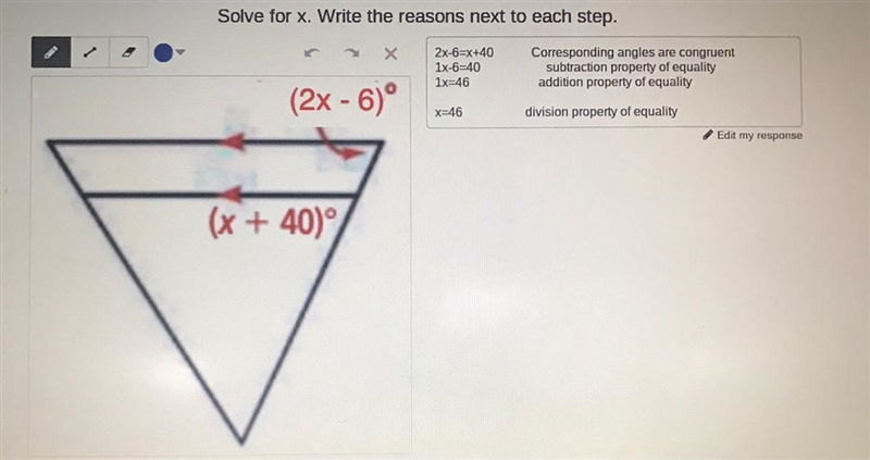 hane Zamora ZunigaSolve for x. Write the reasons next to each step.2x-6=x+401x-6-401x-example-1