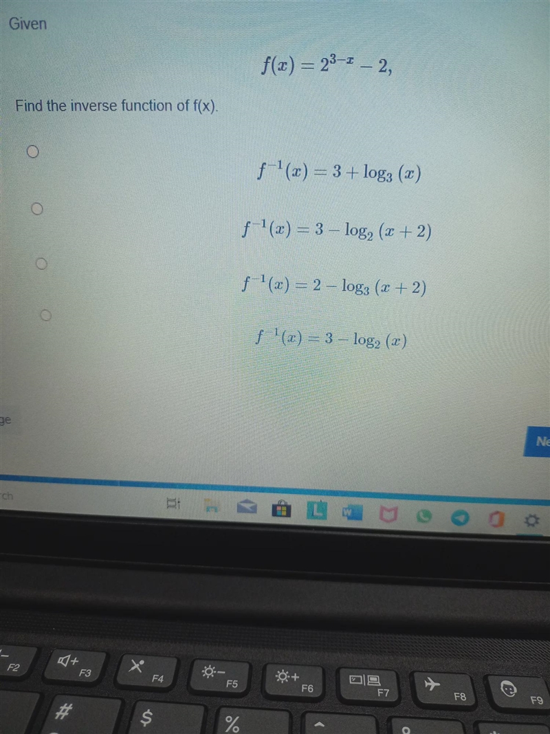 F(x) = 2^3x-1 - 2find the inverse function of f(x)-example-1