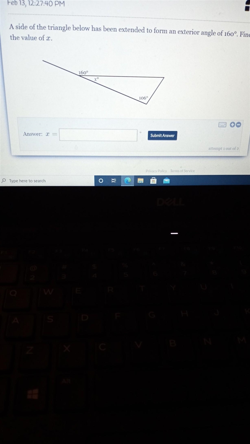 A side of the triangle below has been extended to form an exterior angle of 160°. Find-example-1
