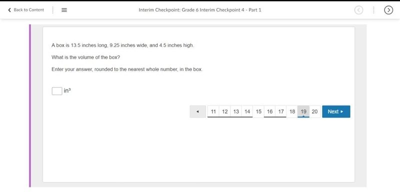 A box is 13.5 inches long, 9.25 inches wide, and 4.5 inches high. What is the volume-example-1