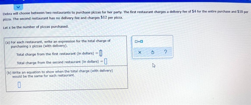 Debra will choose between two restaurants to purchase pizzas for her party. The first-example-1