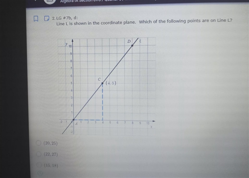 Line L is shown in the coordinate plane. which of the following is located on line-example-1