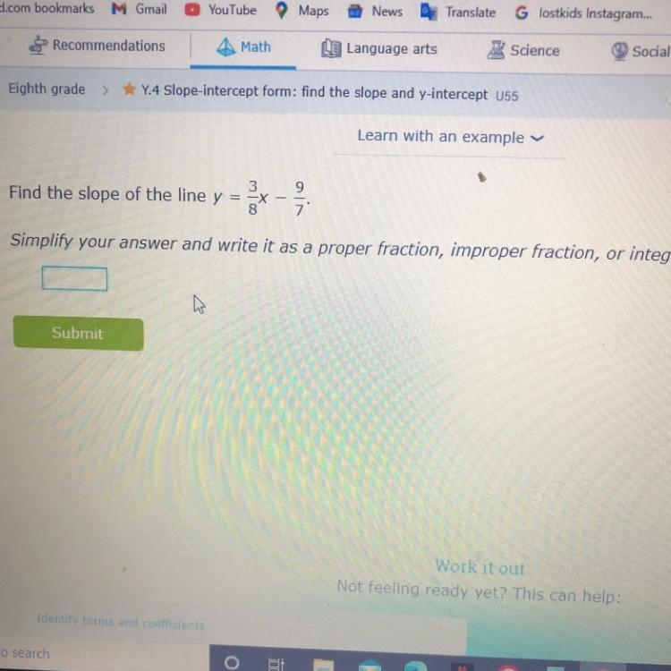 3Find the slope of the line y = ==X97Simplify your answer and write it as a-example-1