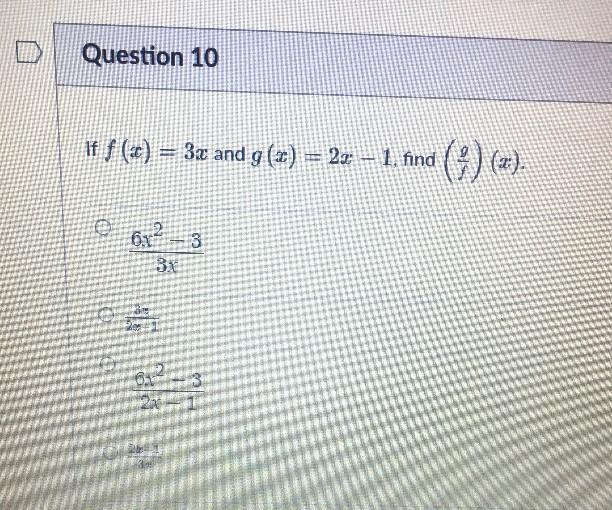 If f (sc) = 3x and g(x) = 2x – 1, find-() (a(2)-example-1